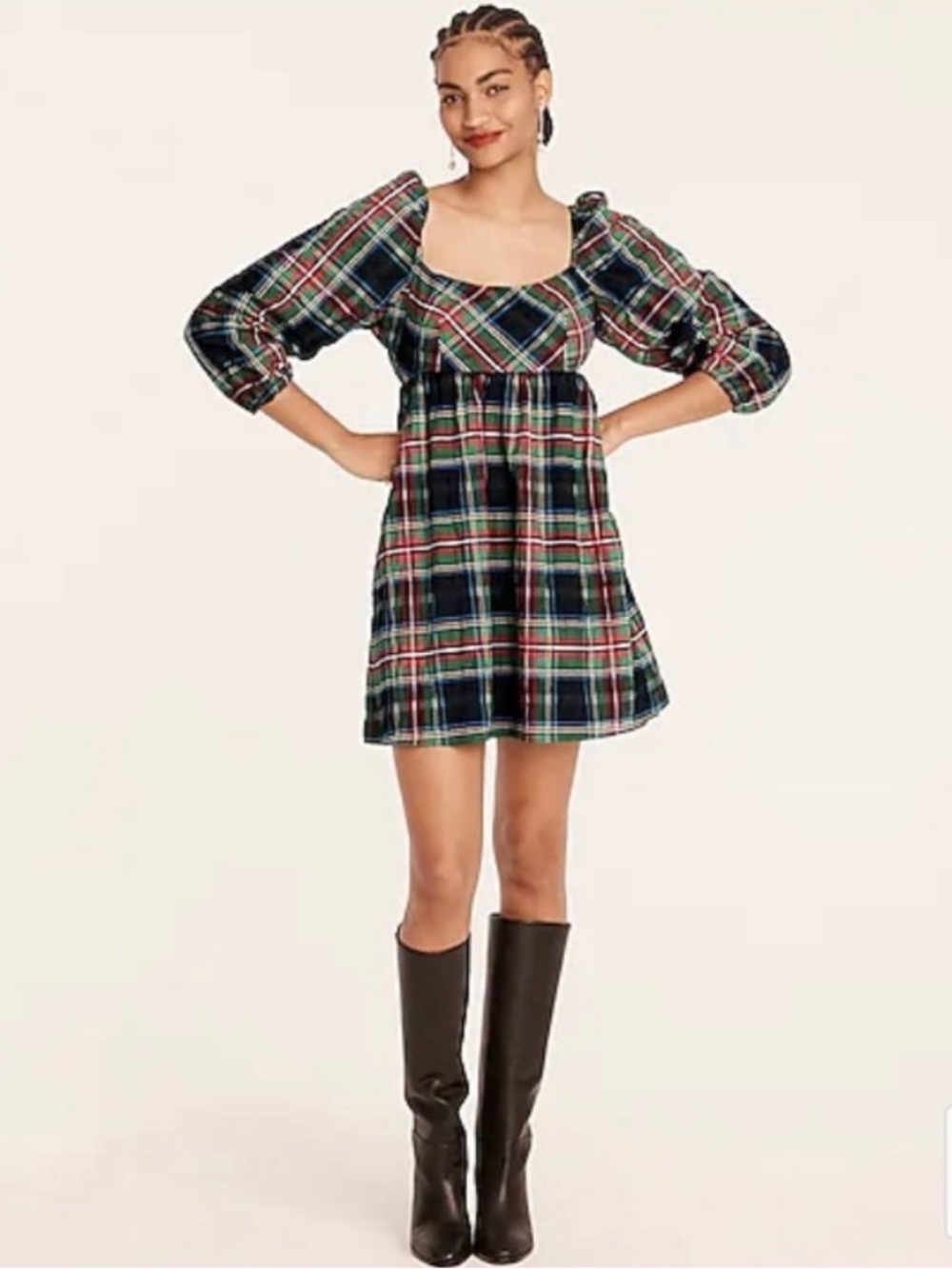 J. Crew Women's Puff Sleeve Mini Dress Babydoll Stewart Tartan BD491 Size 10